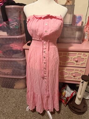 bebe Pink Strapless Button-Front Smocked Maxi Dress